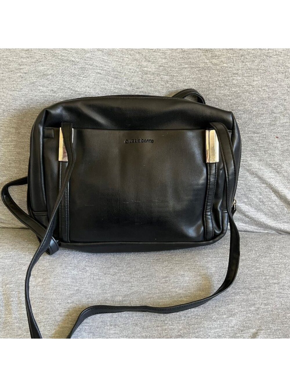 Liz Claiborne Black Faux Leather Crossbody Bag With Silver Accents & Multiple Co